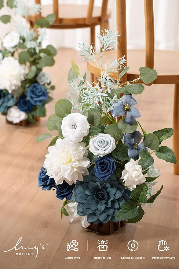 Artificial Flowers Set of 4, 17.5-Inch Blue and Navy Wedding Centerpieces