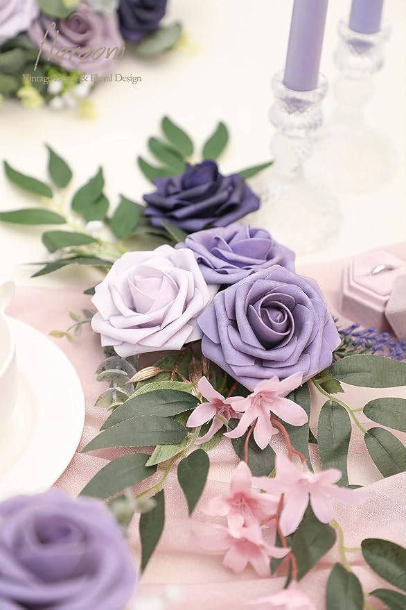 Artificial Rose Flowers, 25 Pack Lavender Ombre PE Foam with Wire Stems