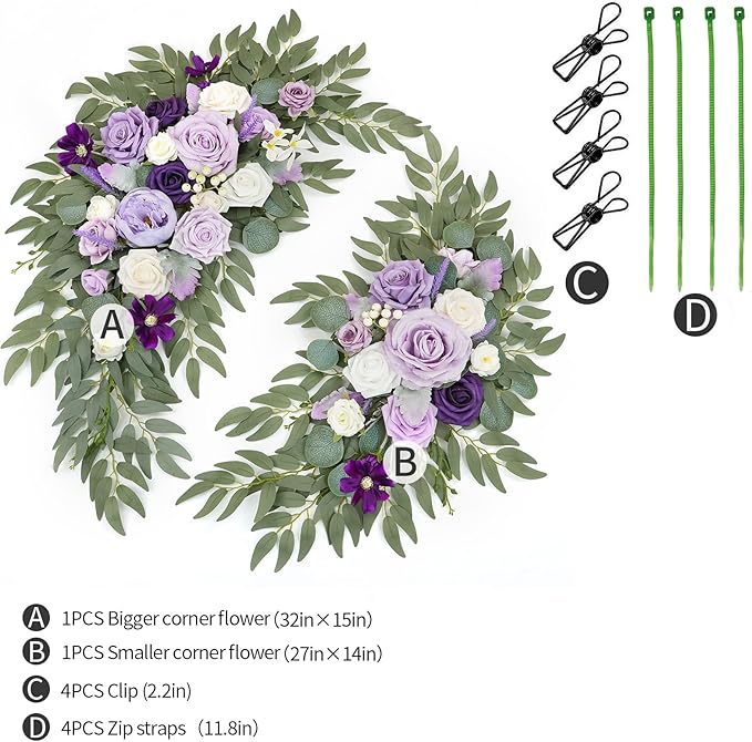 Artificial Flower Swag Kit, Purple Silk Wedding Arch Flowers, 2 Pieces