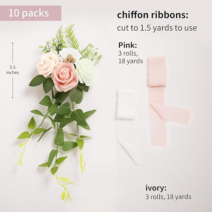 Artificial Pew Flowers, Pink Wedding Aisle Chair Decor, Set of 10