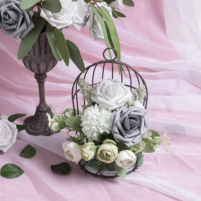 Artificial Flowers: 50 Foam Roses in Silver White and Silver Grey
