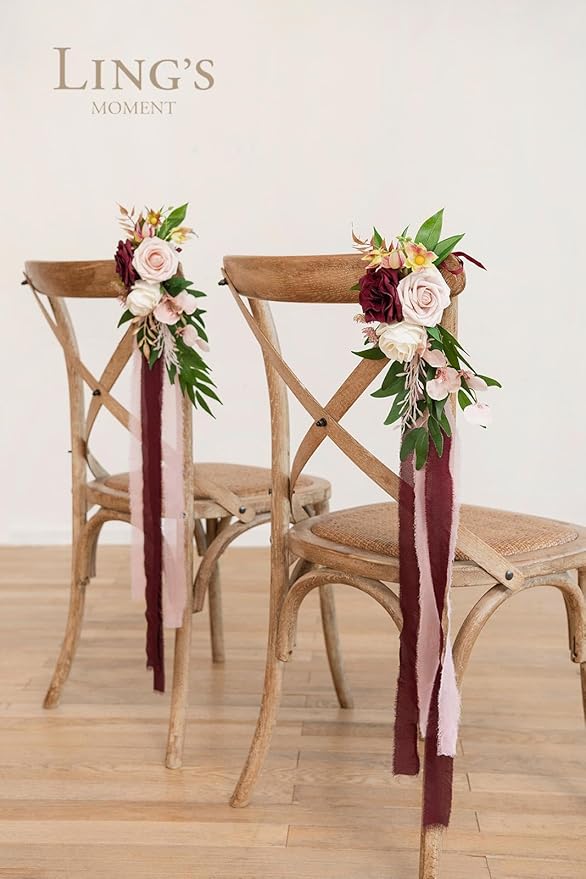 Artificial Rose Aisle Pew Flowers, 8 Pcs Marsala Blush Wedding Chair Decor