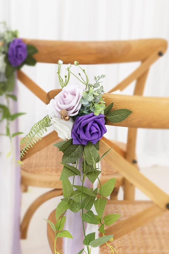 Artificial Flowers, Set of 10 Purple Rose Pew Decor for Aisle Chairs