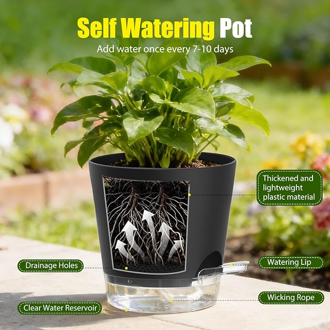 Plant Pots 6 Inch Self Watering Pots, 6 Pack Plastic Planters - Image 4