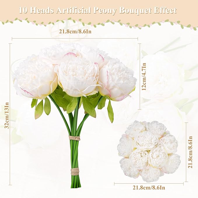 Artificial Peony Flowers, 20 Heads, White Silk-Like Blooms for Home Decor