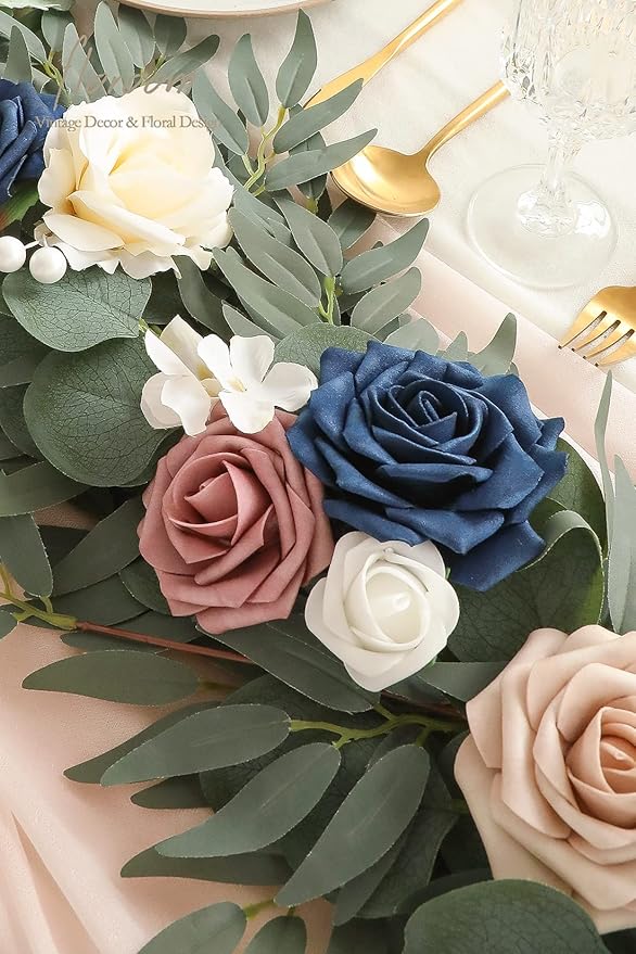 Artificial Flower Garland 6ft Eucalyptus Willow Vine, Dusty Rose Navy
