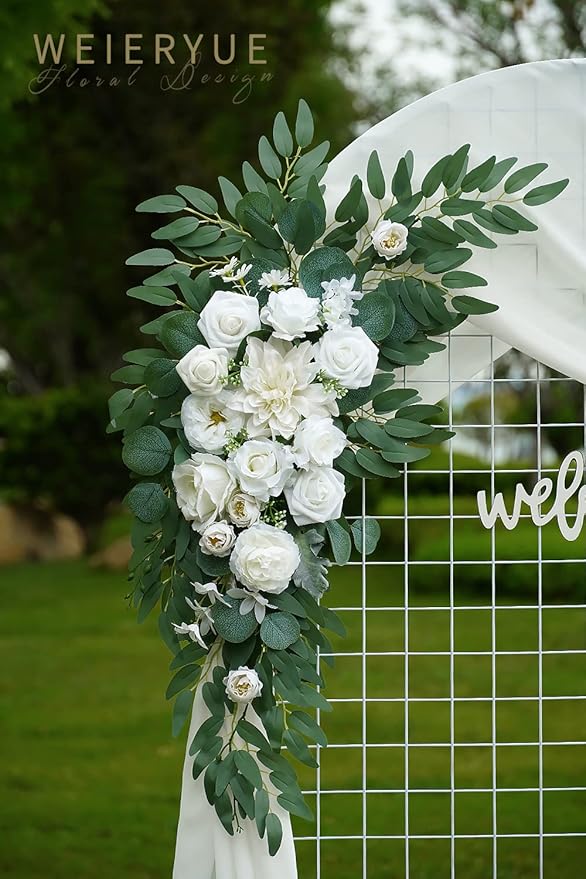 Artificial Flowers Wedding Arch Kit, White Rose Swags with Chiffon Drape