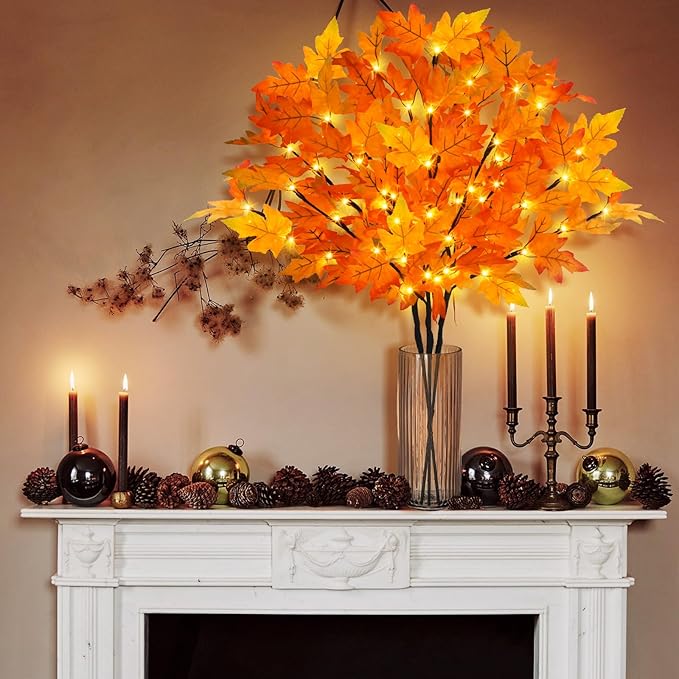 Artificial Fall Maple Leaf Branches, 3 Pcs Lighted Orange Stems with Timer