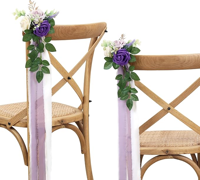 Artificial Flowers for Wedding Aisle Chairs, Set of 10, Purple