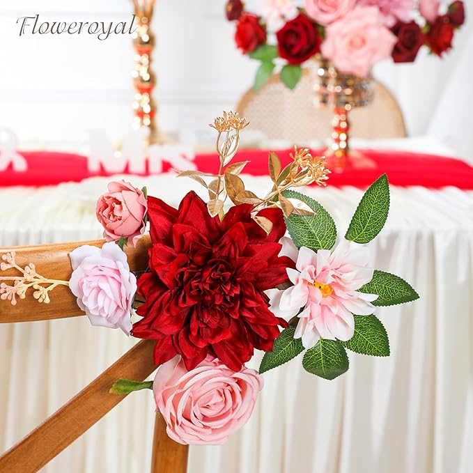 Artificial Flowers Set Red and Pink Silk Roses Dahlias with Wired Stems