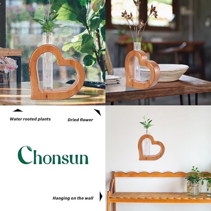 Terrarium Heart Shaped Glass Tube Plant Stand, Pine Wood, Brown
