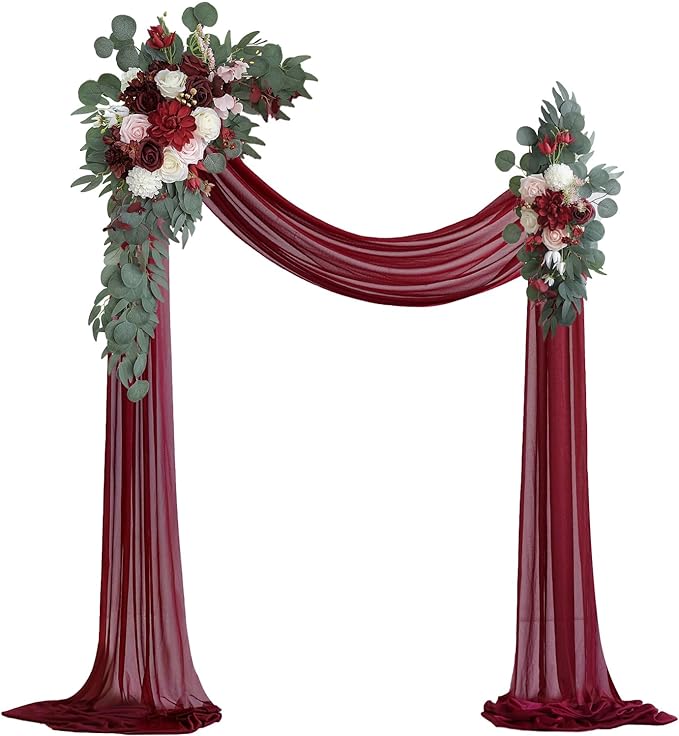 Artificial Flowers Kit, Burgundy Wedding Arch Swag with 26 Ft Draping