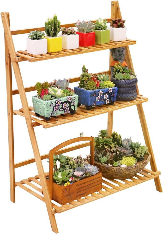 Ufine Bamboo Ladder Plant Stand 3 Tier Foldable Flower Pot Display Shelf Rack by Ufine