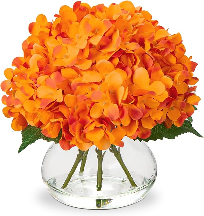 Artificial Hydrangea Flowers with Glass Vase, Orange Silk Arrangement