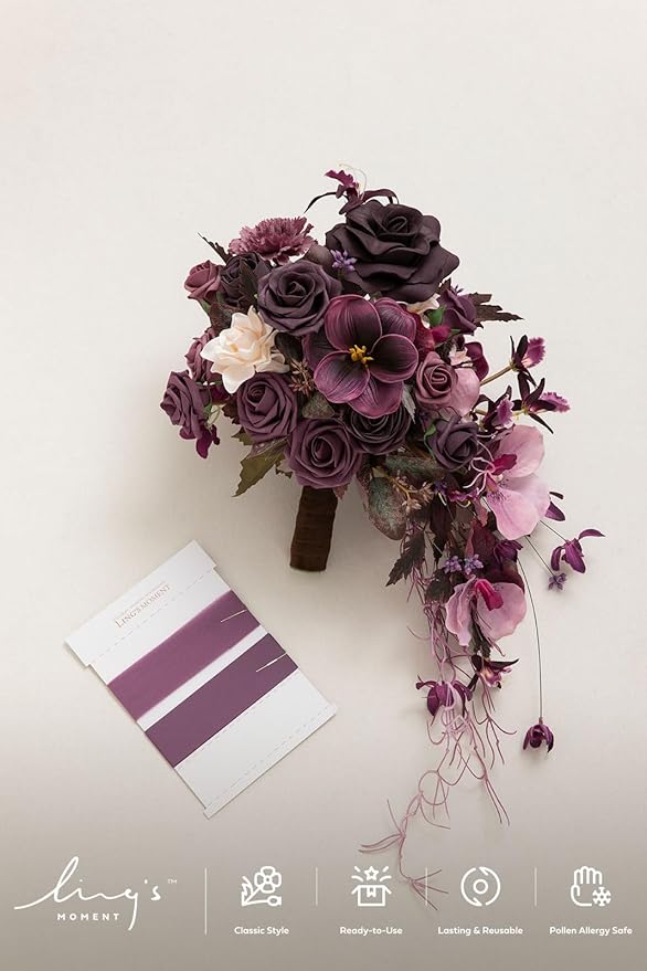 Artificial Flowers Bridal Bouquet, Deep Plum Silk Cascade, 13 Inch Wide