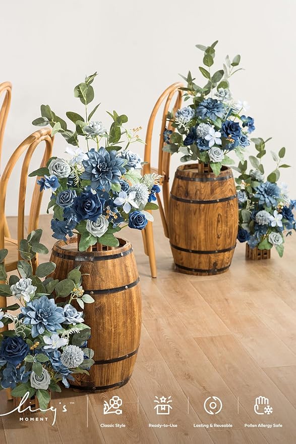Artificial Flower Arrangements, 4 Pack, Dusty Blue and Navy Wedding Decor