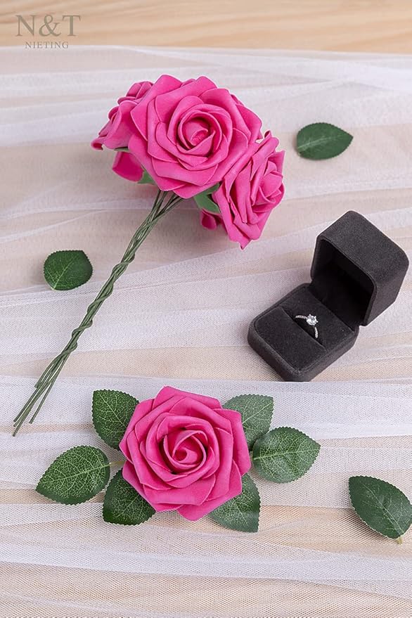 Artificial Flowers Hot Pink Foam Roses with Wire Stems, 50 Pcs