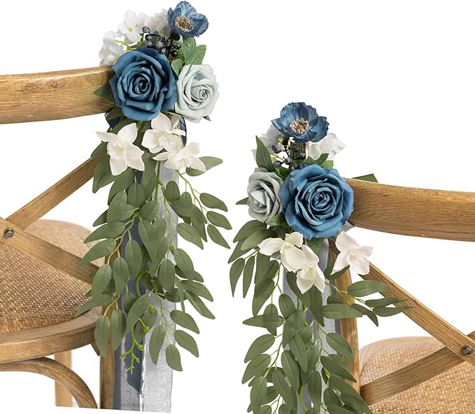 Artificial Pew Flowers, 8 Pieces, Dusty Blue and Navy Wedding Aisle Decor