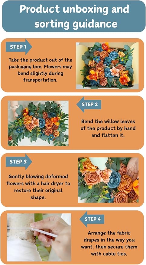Artificial Flowers Arch Kit Burnt Orange and Dark Teal with 2 Chiffon Drapes