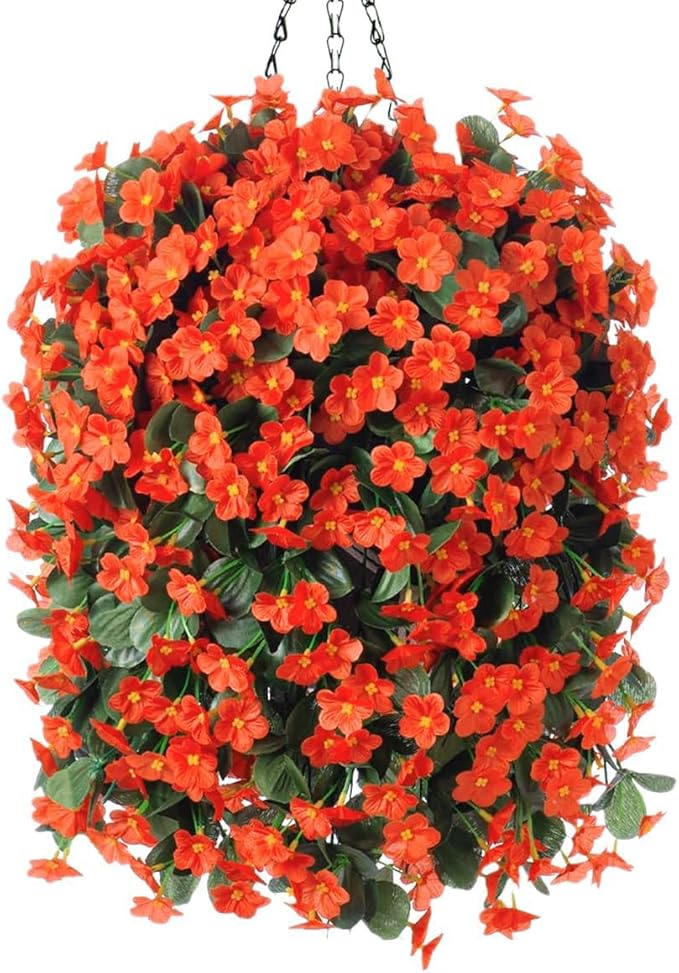 Artificial Flowers Hanging Basket, Faux Silk Orchid, Orange, 11 Inches Tall