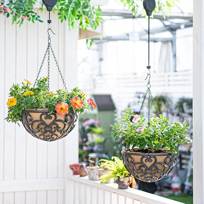 Hanging Planters, 2-Pack Round Cast Iron Baskets with Fiber Liner in Brown