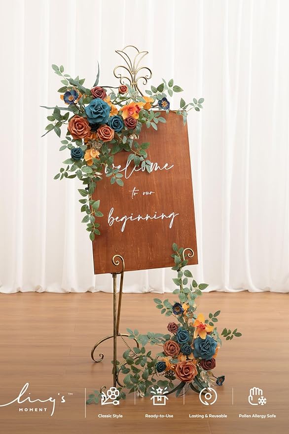 Artificial Greenery Floral Swag, 2 Pieces, Teal and Orange Wedding Sign Decor