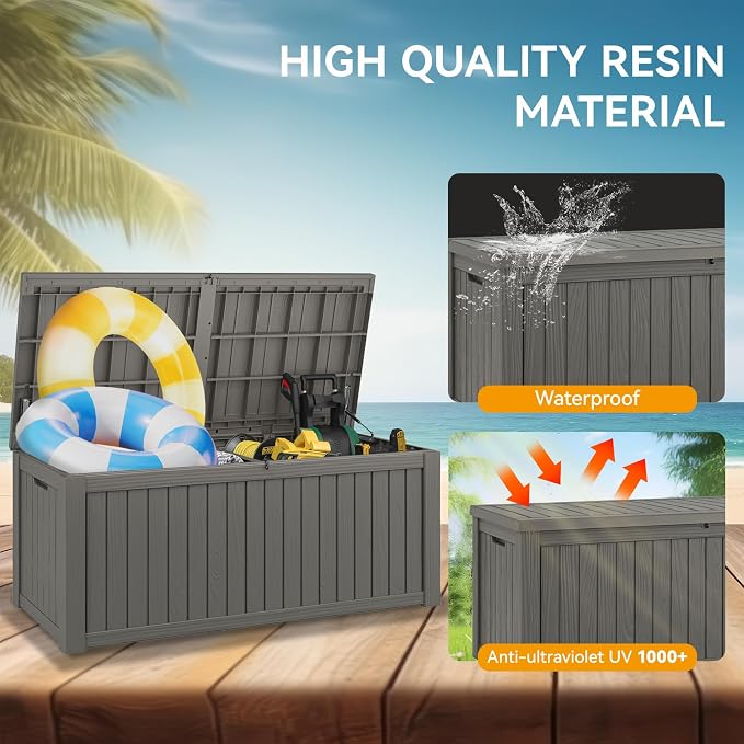 Deck Box, 150 Gallon Gray Resin Outdoor Storage, Lockable Lid