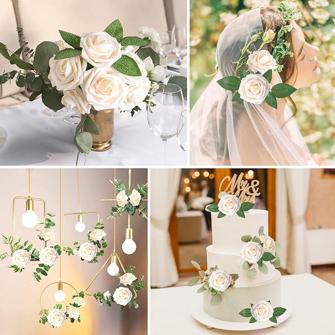 Artificial Flowers: 50 Champagne Rose Heads with Wire Stems, Foam