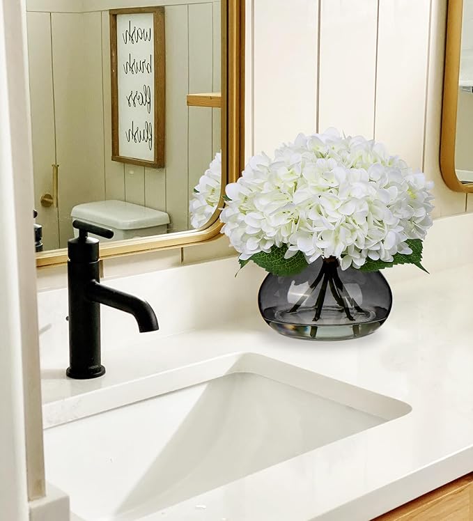 Artificial Hydrangea Flower Arrangement, White Silk with Glass Vase