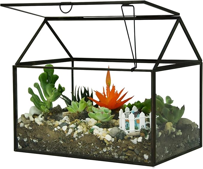 Terrarium, Large Black House-Shaped Glass Planter with Swing Lid