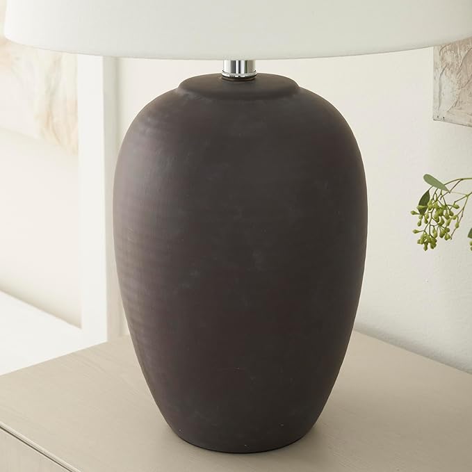Table Lamp, Eggplant Purple Ceramic Base with White Cotton Shade