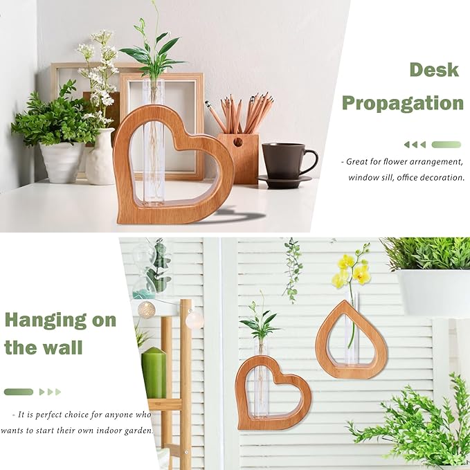Terrarium Wall Planter, 2-Piece Heart-Shaped Pine Stand with Glass Tube