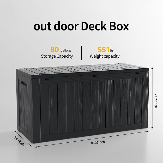 Deck Box 80 Gallon Black Resin, Lockable UV-Resistant Outdoor Storage Bin