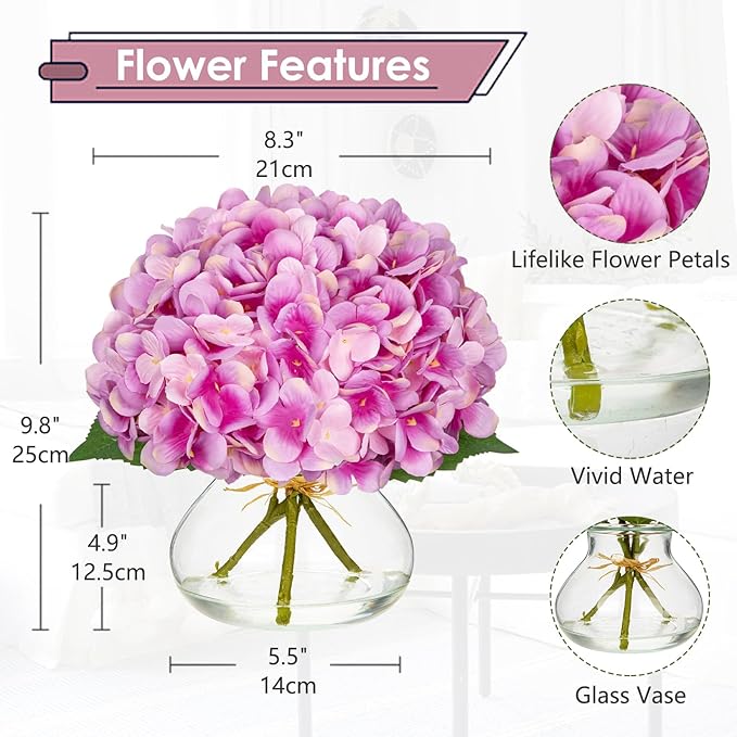 Artificial Flowers: Purplish Pink Silk Hydrangea Arrangement with Glass Vase
