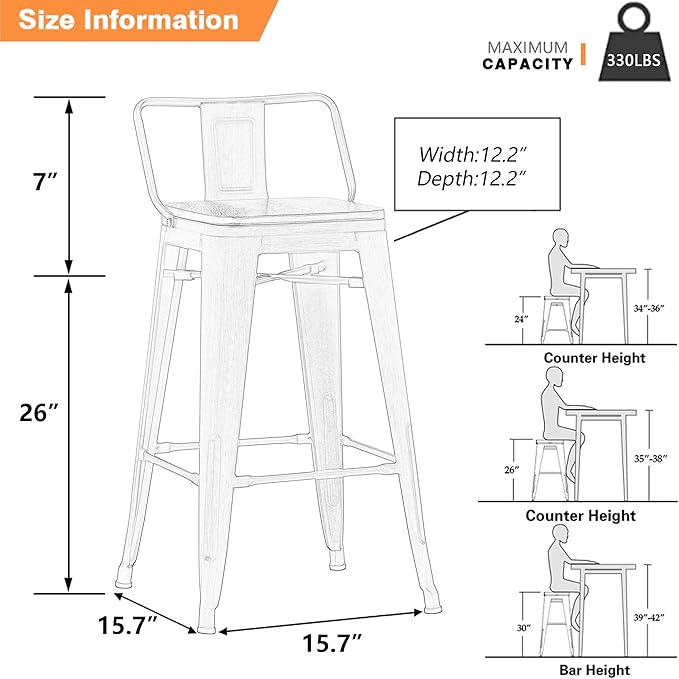 Yongchuang 26" Metal Bar Stools Set of 4 Counter Height Barstools - Image 3