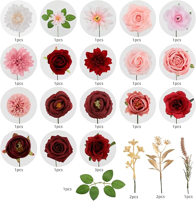 Artificial Flowers Set Red and Pink Silk Roses Dahlias with Wired Stems