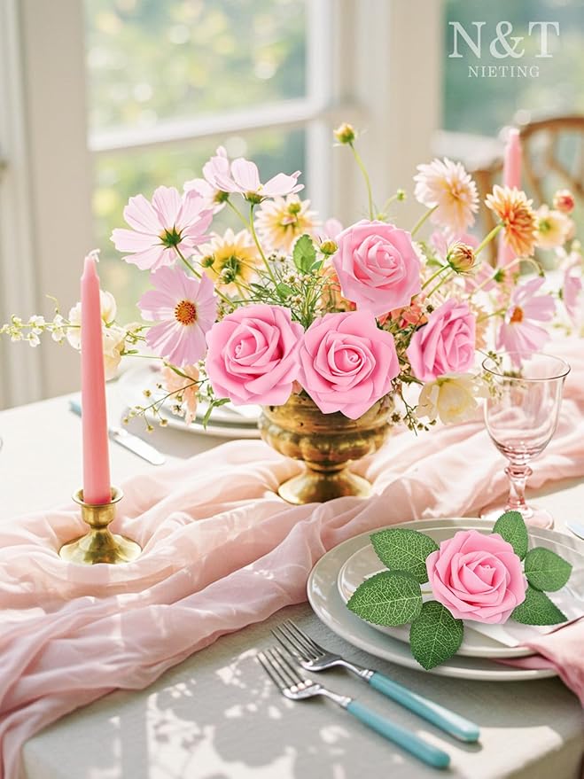 Artificial Flowers, 50 Light Pink Foam Roses with Bendable Stems