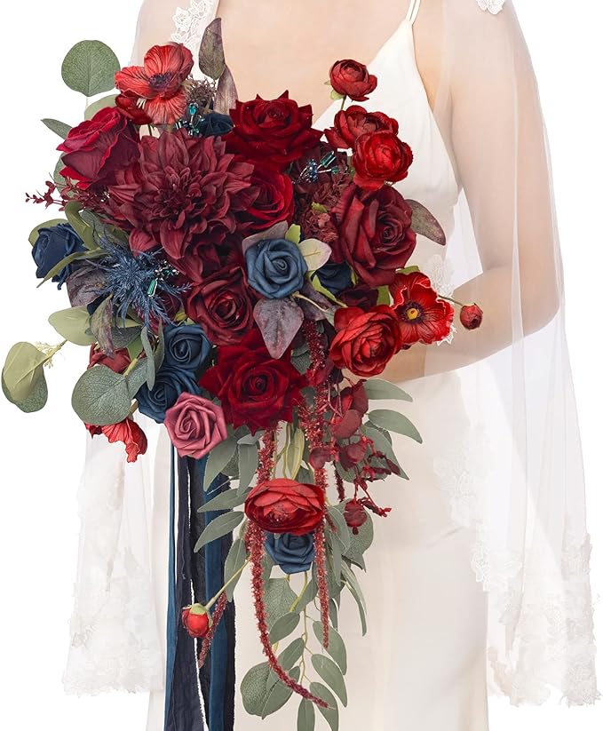 Artificial Flowers Cascading Bridal Bouquet, Burgundy Navy Blue, 15in