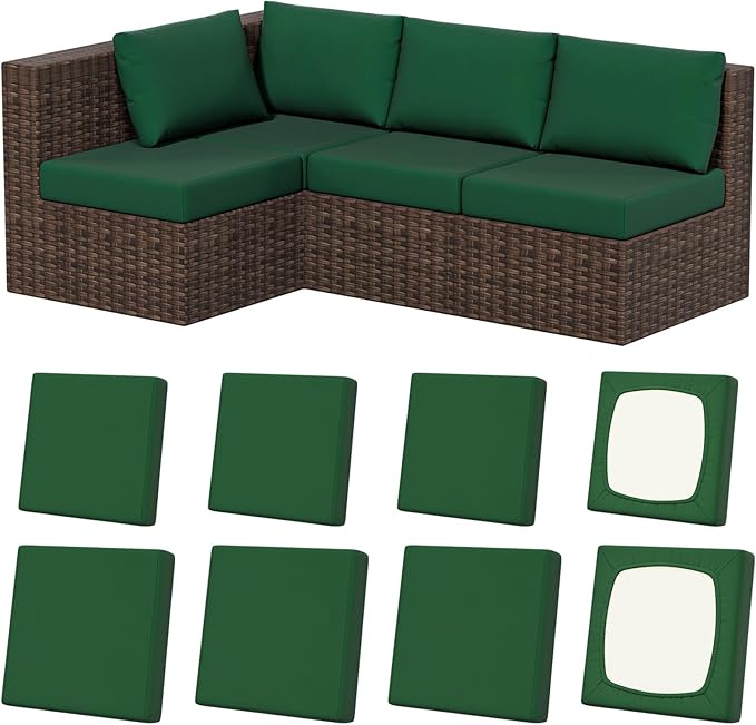Cushion Covers 8 Pack, Dark Green Stretch Fit, Washable Outdoor Patio