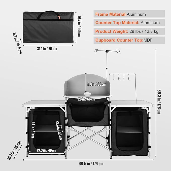 Outdoor Camp Kitchen Table, Black Aluminum Cook Station with Windscreen