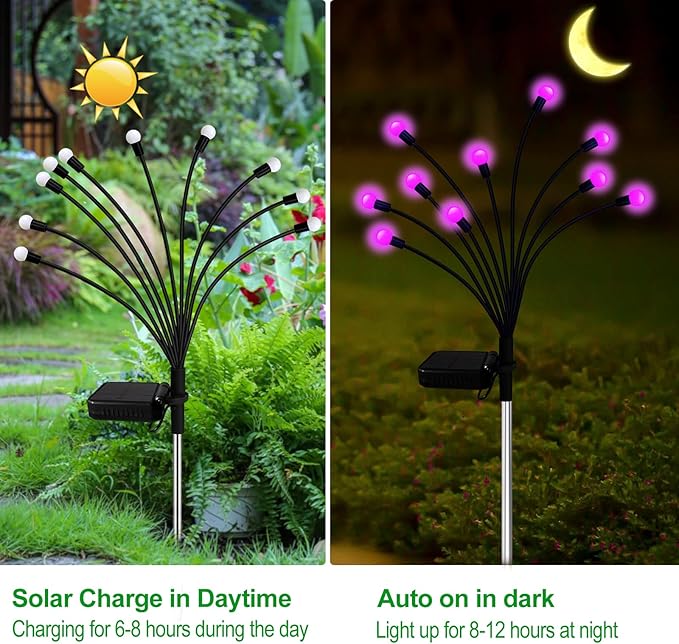 Kohlrabi Solar Garden Lights Outdoor, 6 Pack 60 LED Pink Firefly Lights - Image 3