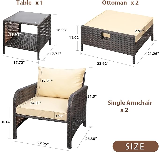 LEVELEVE Balcony Furniture 5 Piece Patio Conversation Set, PE Wicker Rattan - Image 2