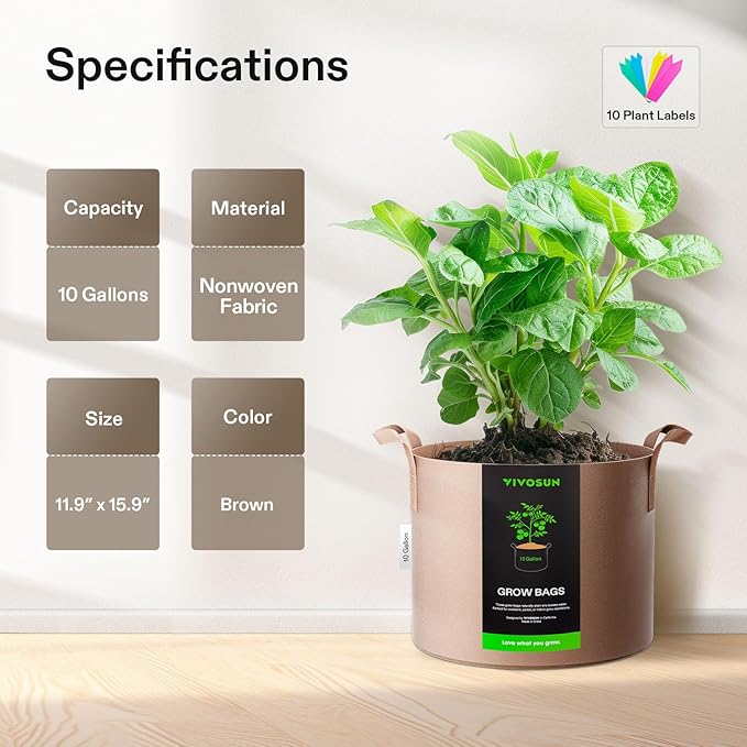 VIVOSUN 5-Pack 10 Gallons Grow Bags Heavy Duty Thickened Nonwoven Fabric Pots - Image 2