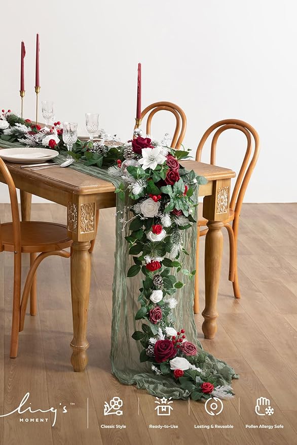 Artificial Flower Eucalyptus Garland 6-Foot Red Table Runner