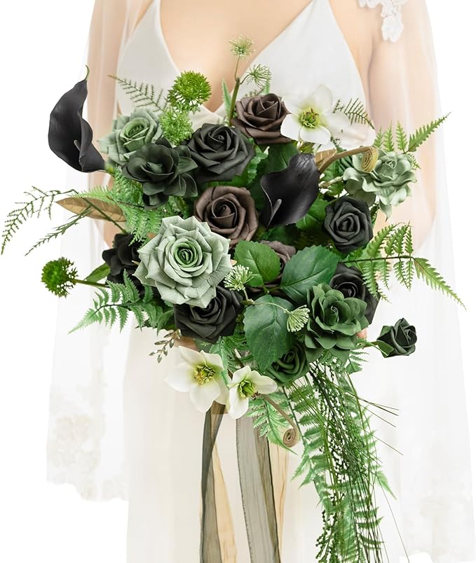 Artificial Flowers Forest Green Cascading Bridal Bouquet, 13 Inch Silk
