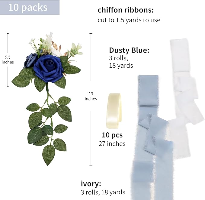 Artificial Flowers for Wedding Aisle Chairs, Set of 10, Dusty Blue