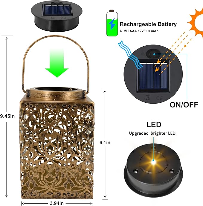 Solar Lanterns, 2 Pack Bronze Metal Waterproof Flower Pattern
