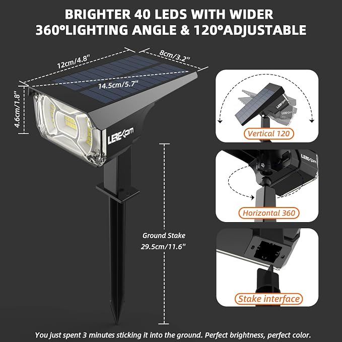 Solar Spot Lights Outdoor, IP65 Waterproof 40 LEDs Landscape Spotlights - Image 6