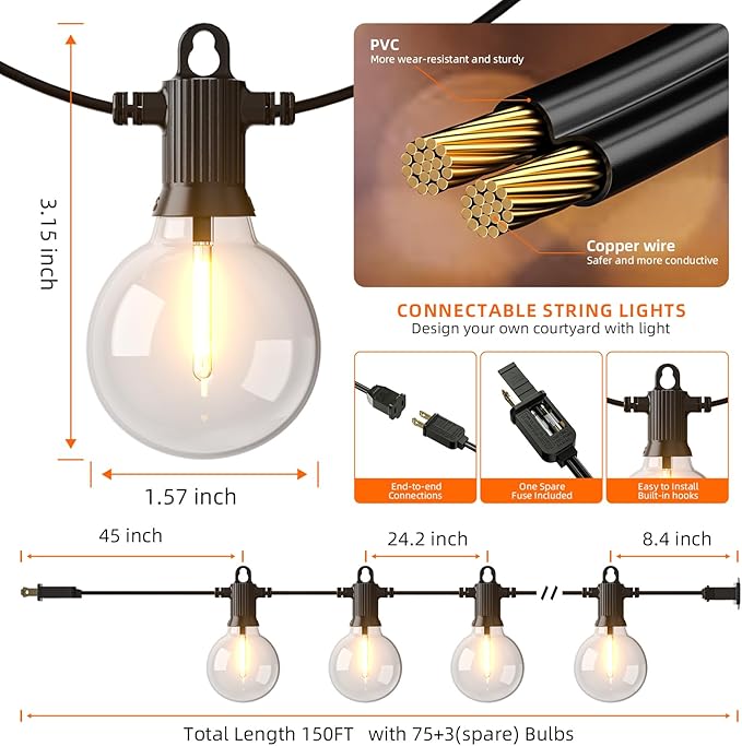 String Lights 150FT Warm White LED, IP65 Waterproof, Shatterproof