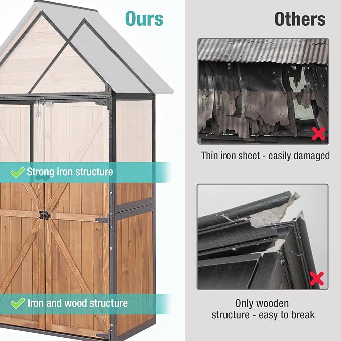 Outdoor Storage Shed with Metal Frame and Adjustable Shelves, Brown